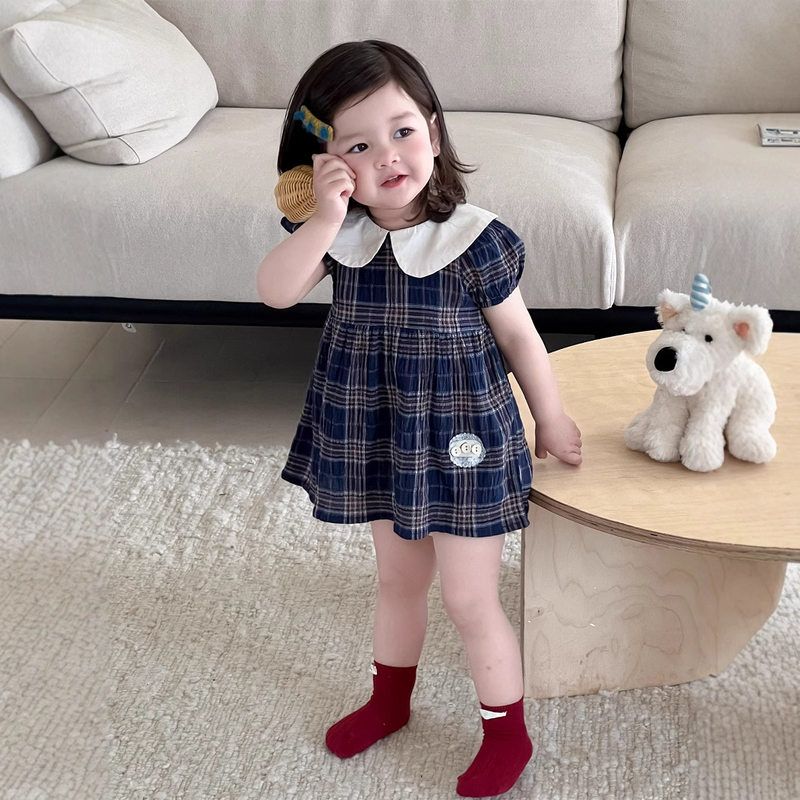 女童连衣裙夏季薄款韩版童装女宝宝娃娃领格子裙2025新款夏装裙子