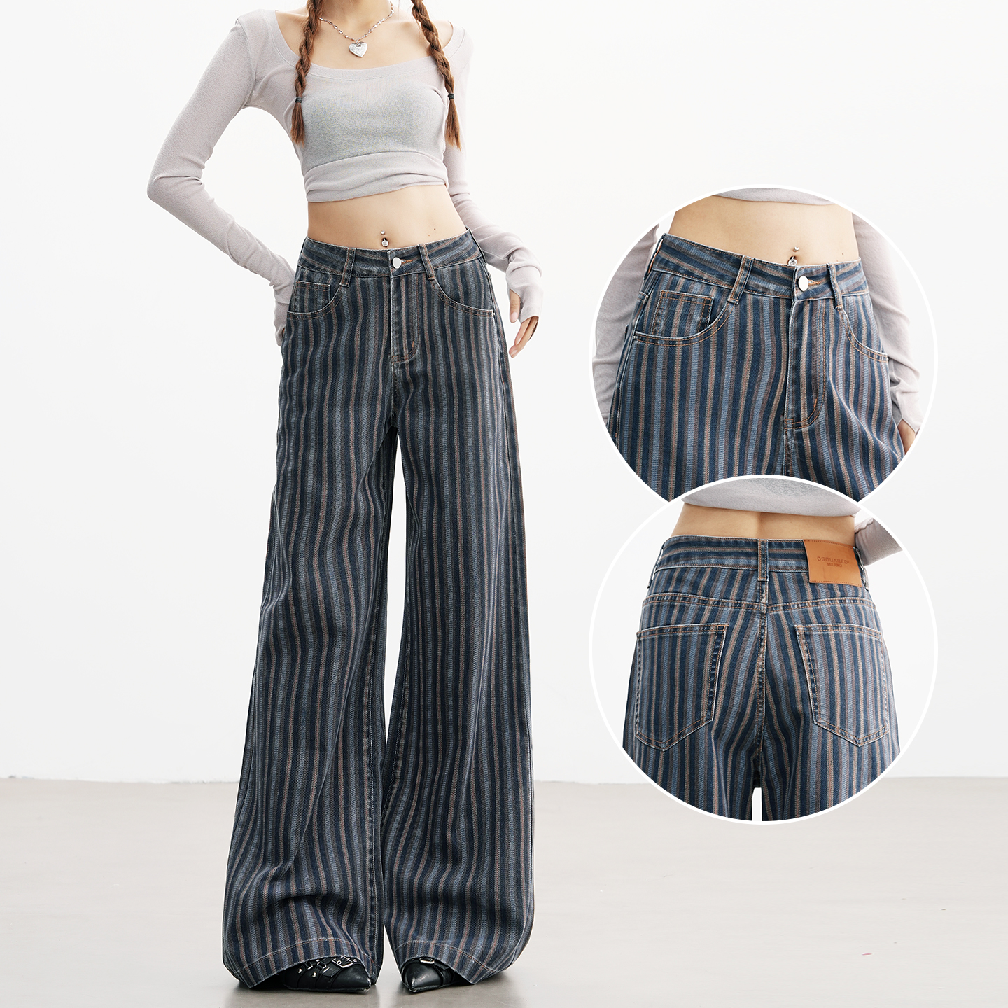 复古条纹撞色阔腿牛仔裤女