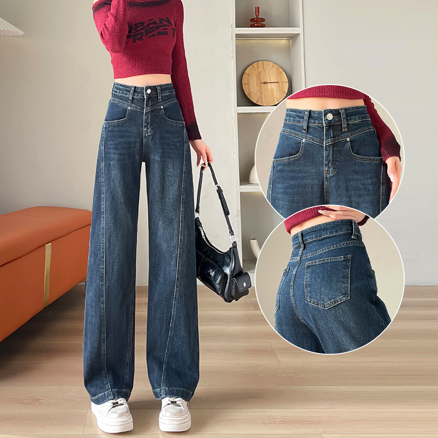 高腰加绒牛仔阔腿裤女