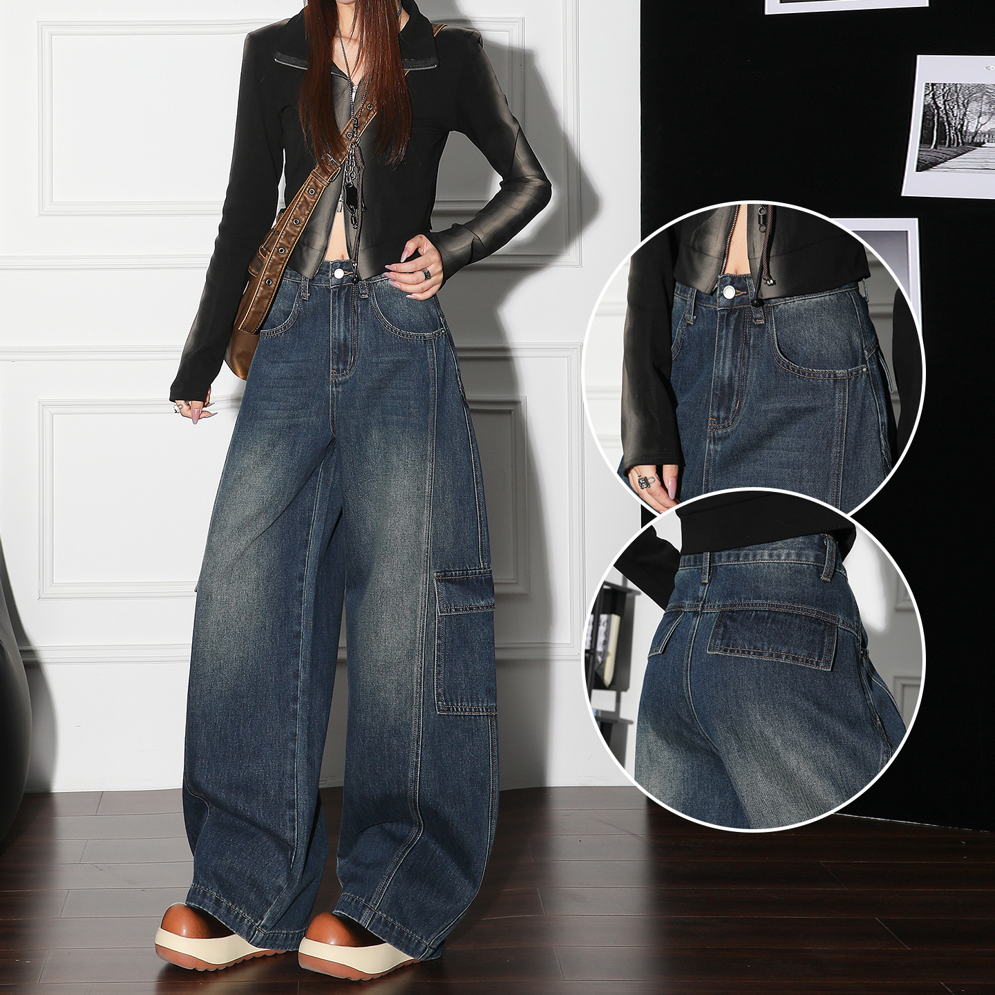 美式复古加绒工装阔腿牛仔裤女