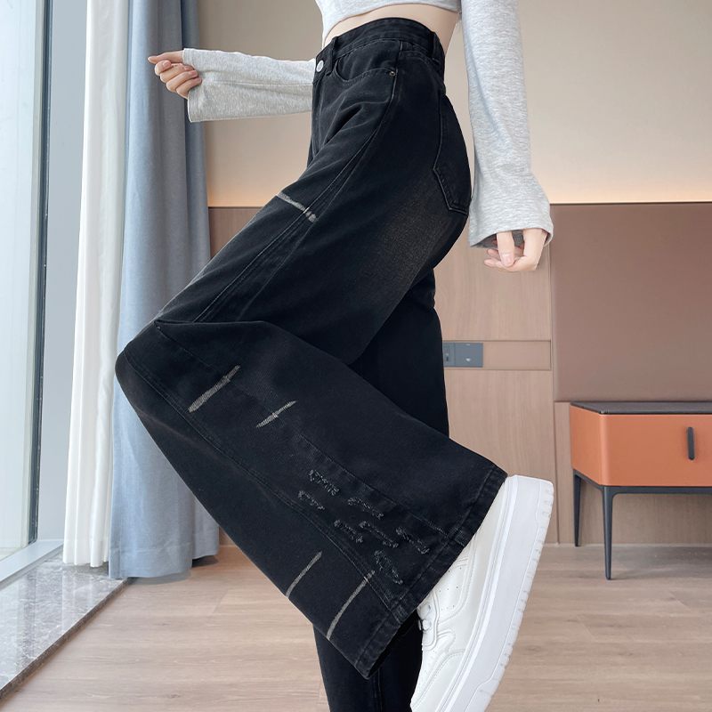 磨破拼接加绒牛仔阔腿牛仔裤女2025年秋冬新款宽松垂感藏肉拖地裤