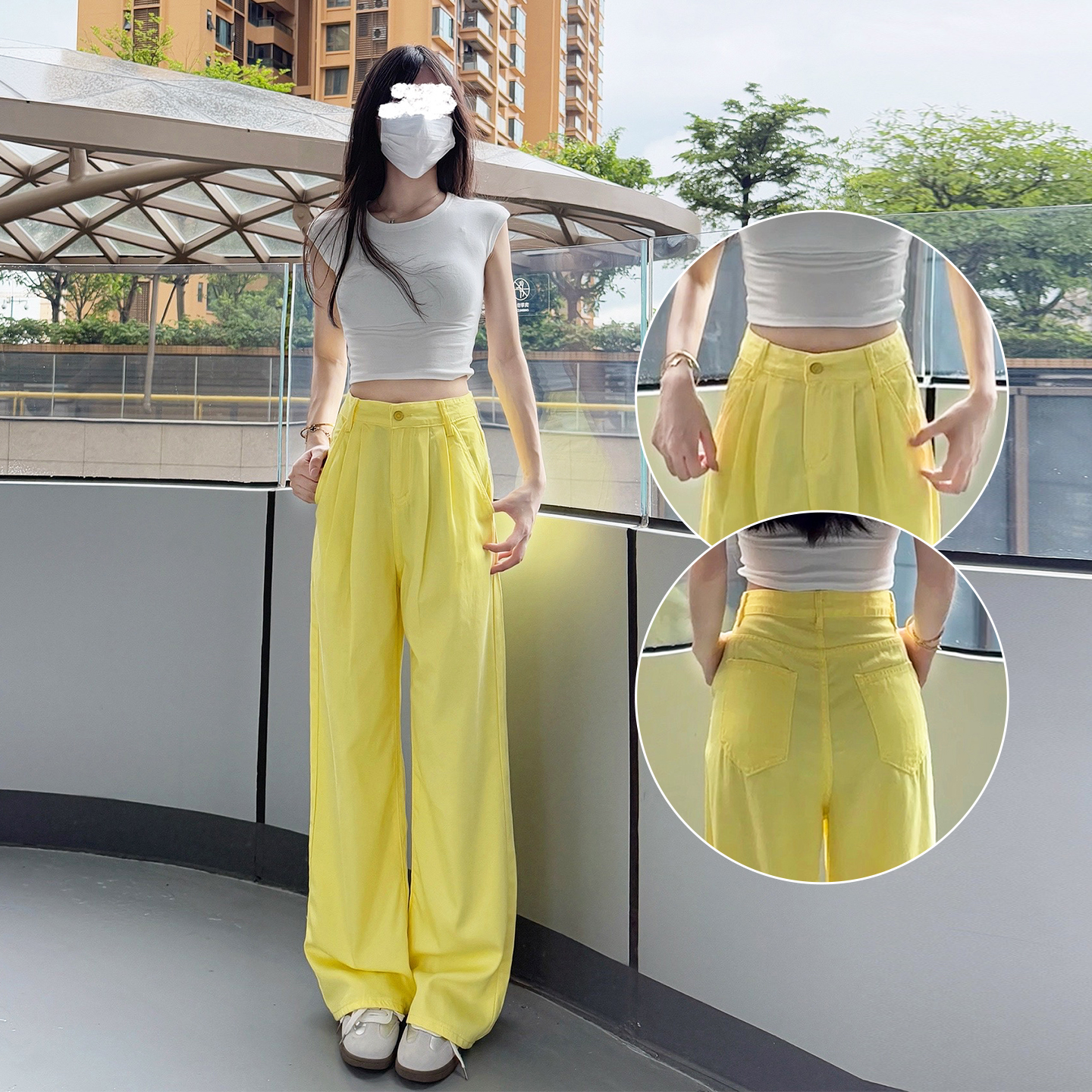 檸檬黃天絲闊腿牛仔褲女2025夏季顯瘦超薄時(shí)尚萊賽爾冰絲直筒長褲