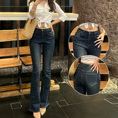 超火爆闪烫钻微喇牛仔裤女