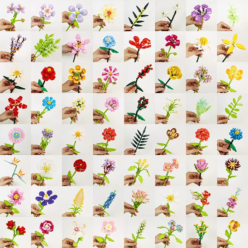 单支永生花朵积木玫瑰花向日葵积木花diy手工拼装摆件玩具送女友