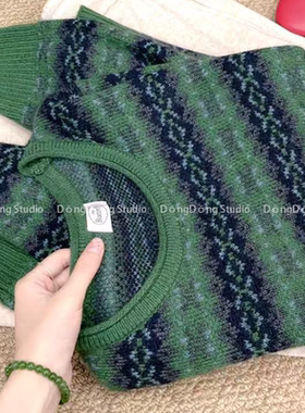 神仙配色～【绿野仙踪】圆领套头提花宽松长袖针织衫毛衣 7036