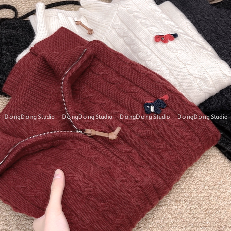 早春新品【皮标小马】麻花高领拉链套头宽松长袖针织衫毛衣725105