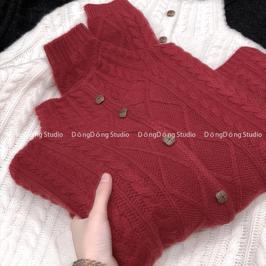 冬季新品【全毛木扣开衫】麻花半高领宽松长袖针织毛衣外套253005