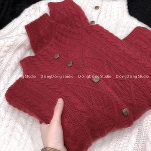 麻花半高领宽松长袖 全毛木扣开衫 针织毛衣外套253005 新品 冬季