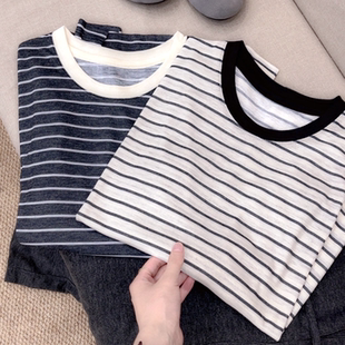 早秋新品！撞色圆领套头宽松条纹长袖T恤韩版休闲防晒衫 9918