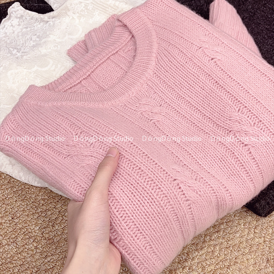 冬季新品【少女心】全毛圆领麻花纯色宽松套头长袖针织衫毛衣7212