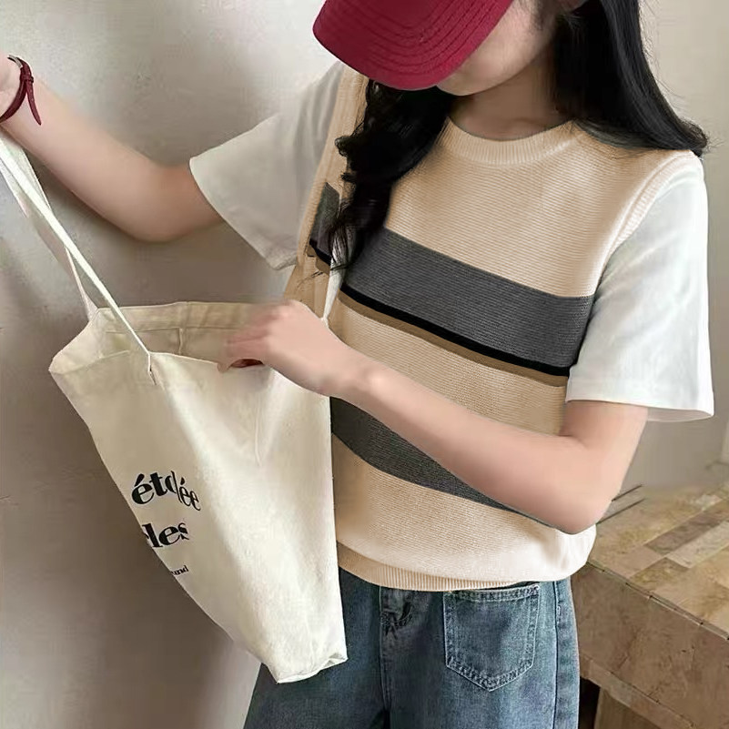 春上新!【宽条背心】圆领套头撞色条纹无袖上衣针织背心 XO-036