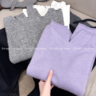 长袖 巨百搭 毛针织衫 女韩系 9069 衣长57胸围108 紫灰丝羊绒