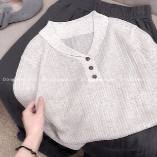 衣长58胸围96 爆单款 86026 女新款 百搭针织衫 青果领 短袖