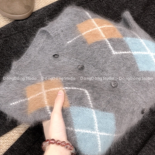 毛衣外套 必入 针织开衫 圆领提花宽松长袖 7171 菱格大角羊拉绒