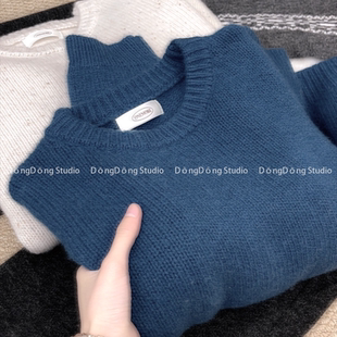 含泪省两百！【夜蓝套头】全毛圆领纯色宽松长袖针织衫毛衣 9023