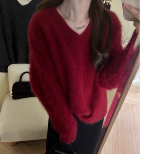 新粉更优惠!【红高粱】拉绒纯色V领套头宽松长袖针织衫毛衣 9289