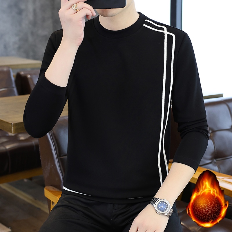 2025秋冬男士休闲加绒加厚卫衣百搭潮流打底衫长袖T桖保暖上衣