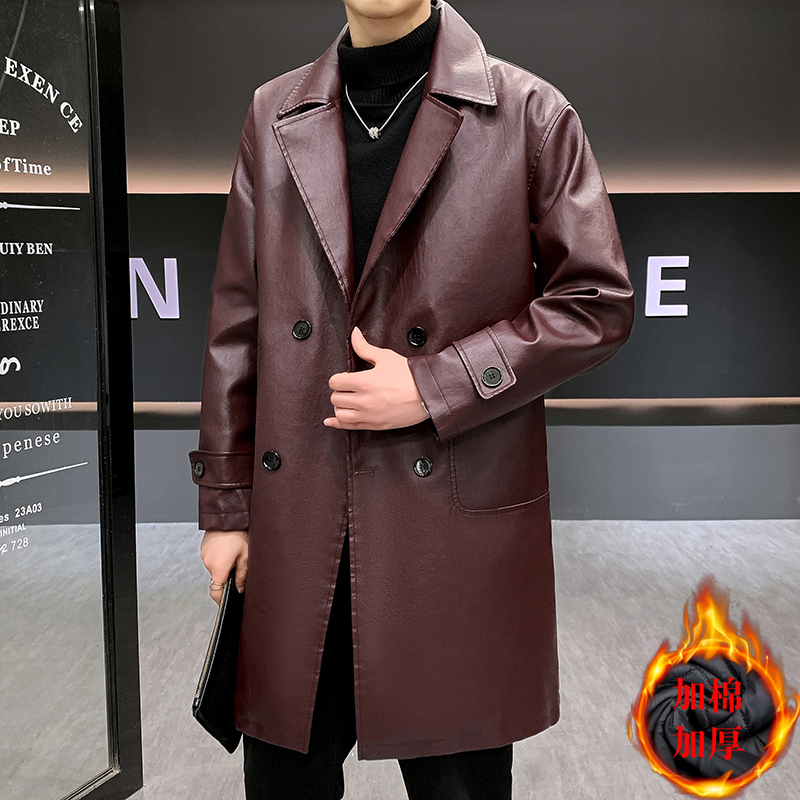 冬款男中长款皮衣风衣百搭PU潮男休闲男潮加棉加厚风衣西装领外套