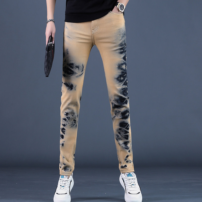 2025秋冬新款高端不规则印花黄色牛仔裤男款修身弹力男士裤子潮流,男装,牛仔裤,淘宝优惠券,粉丝福利购,淘宝优惠卷