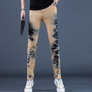 2025春秋新款高端不规则印花黄色牛仔裤男款修身弹力男士裤子潮流