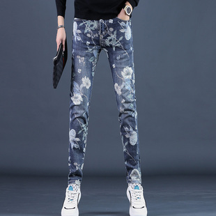 抓绒休闲小脚裤 2025秋冬季 男潮修身 蓝色不规则印花牛仔裤 子潮 新款