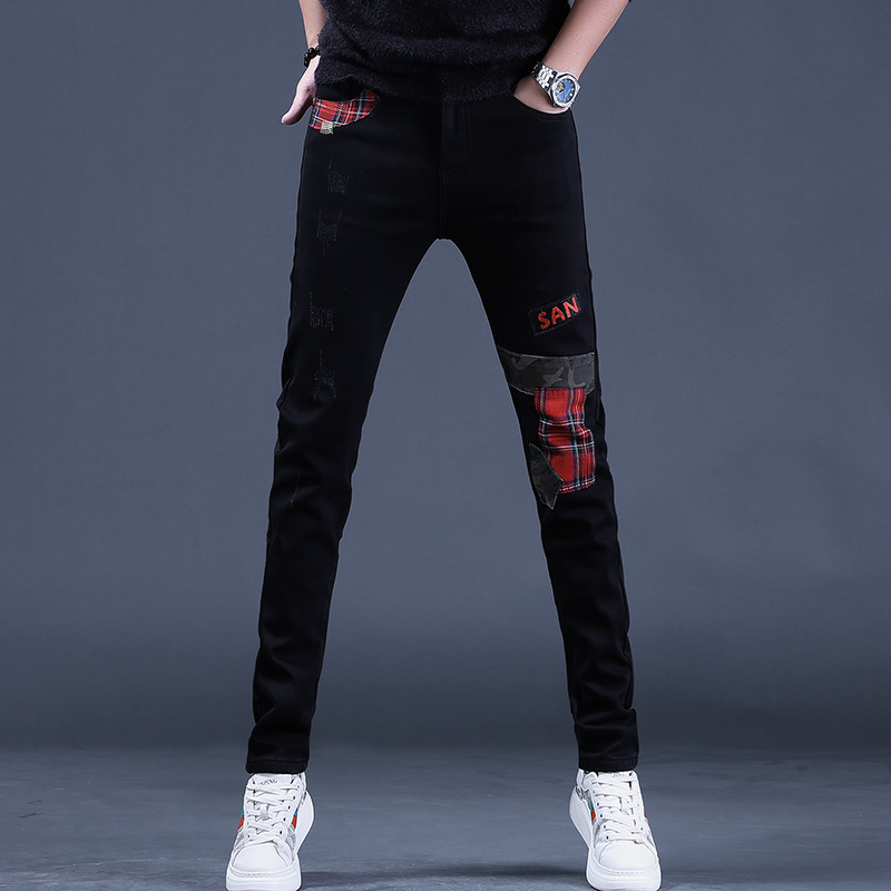 海豪森拉链长裤破洞补丁秋冬牛仔