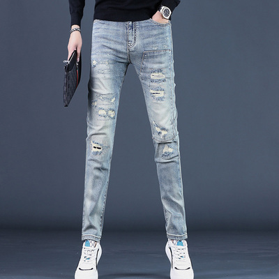 2025秋冬季新款乞丐破洞补丁男士牛仔裤男裤修身休闲小脚潮流裤子