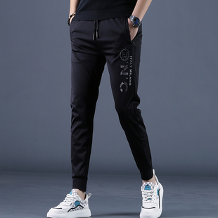 薄款 束脚百搭黑色运动裤 冰丝高端印花男士 男修身 子 休闲裤 2025夏季