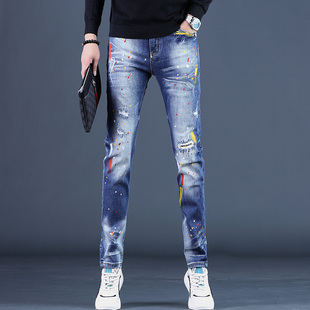 高端破洞补丁牛仔裤男款秋季2025新款直筒修身蓝色长裤子潮流男士