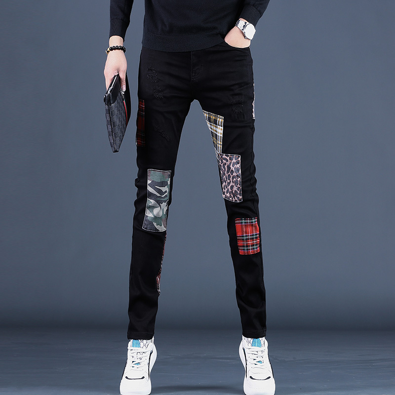 2025秋季黑色牛仔裤男修身直筒韩版潮流欧美潮牌乞丐补丁男士裤子