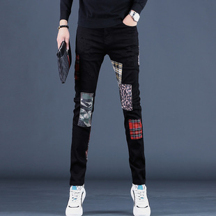 2025秋季黑色牛仔裤男修身直筒韩版潮流欧美潮牌乞丐补丁男士裤子