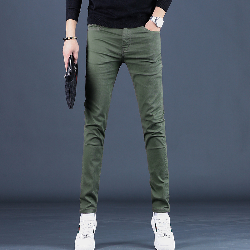 秋季新款高端时尚军绿牛仔裤男修身显瘦小脚休闲百搭弹力男士裤子