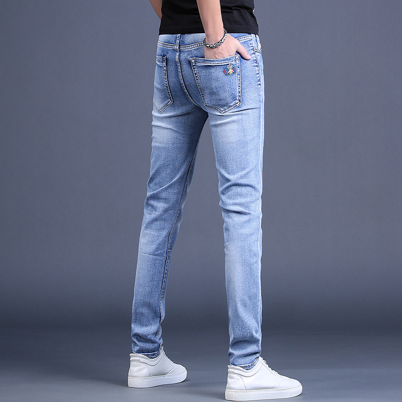 秋季新款高端浅色男士牛仔裤男修身小脚裤子潮流刺绣长裤潮牌蓝色,男装,牛仔裤,淘宝优惠券,粉丝福利购,淘宝优惠卷