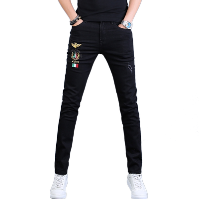男士黑色刺绣花牛仔裤
