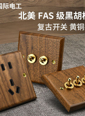 国际电工美式黑胡桃实木面板黄铜拨杆复古开关86型民宿仿古风插座