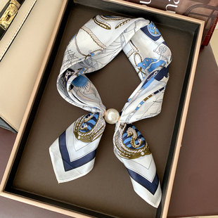 时尚白蓝磁吸扣真丝小方巾女丝巾春秋领巾装饰桑蚕丝护颈围脖新款