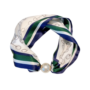 简约真丝丝巾珍珠桑蚕丝磁吸扣长条锁骨链女春夏季装饰小领巾洋气