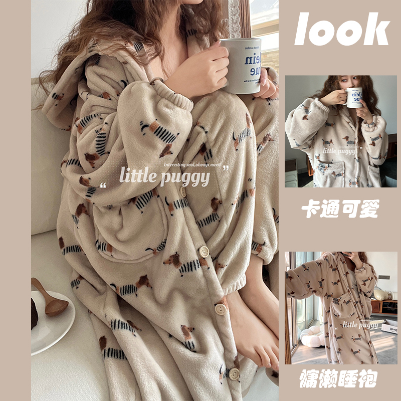长款连帽长袍睡衣女200斤冬季大码珊瑚绒睡袍冬天加厚加绒浴袍女