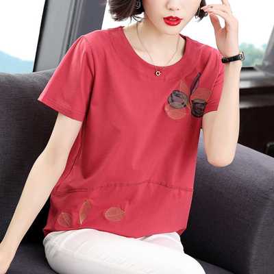 妈妈纯棉短袖t恤女夏装新款中老年宽松大码上衣减龄遮肚洋气小衫