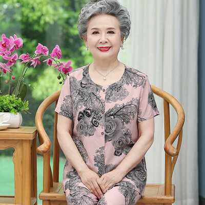 纯棉绸吸汗透气妈妈夏装短袖套装老年人女70岁奶奶母亲节老人衣服