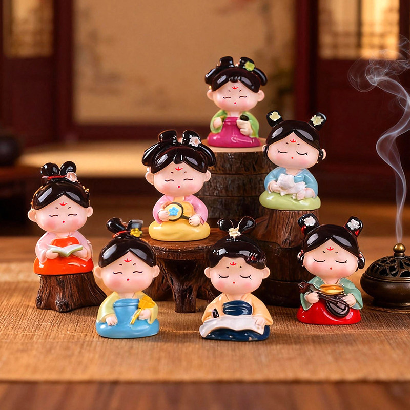 国风琴棋书画手绘唐仕女树脂潮玩手办文创纪念品桌面车载装饰摆件