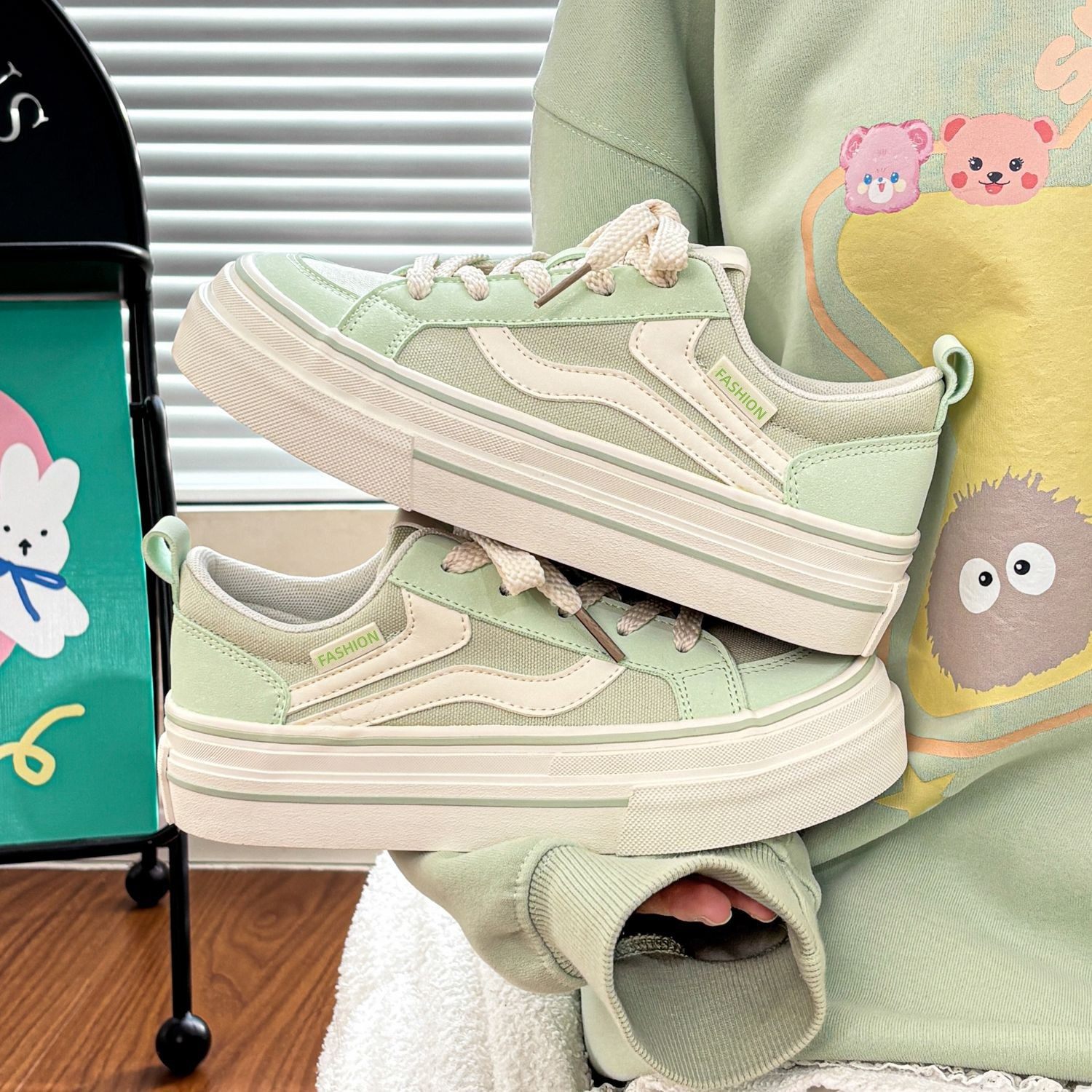 四叶草板鞋女2026春秋季新款厚底百搭绿色休闲帆布鞋,女鞋,帆布鞋,淘宝优惠券,粉丝福利购,淘宝优惠卷