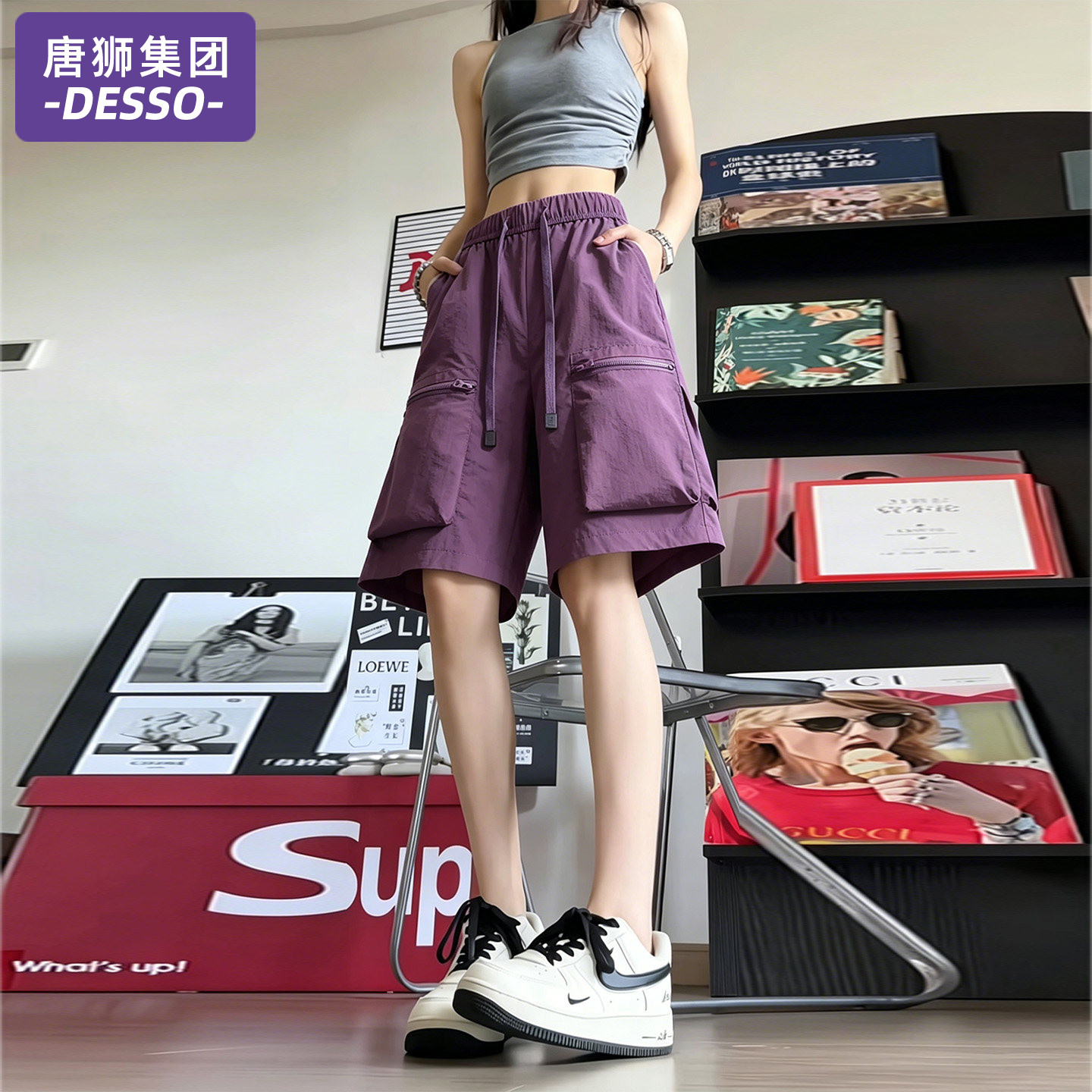 唐狮集团冰丝速干工装短裤女夏季薄款宽松显瘦五分裤机能风运动裤图片