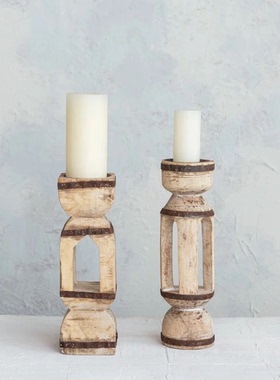 现 纽约下城公园进口古老的柱廊手工雕刻老木铁皮镂空烛台两款