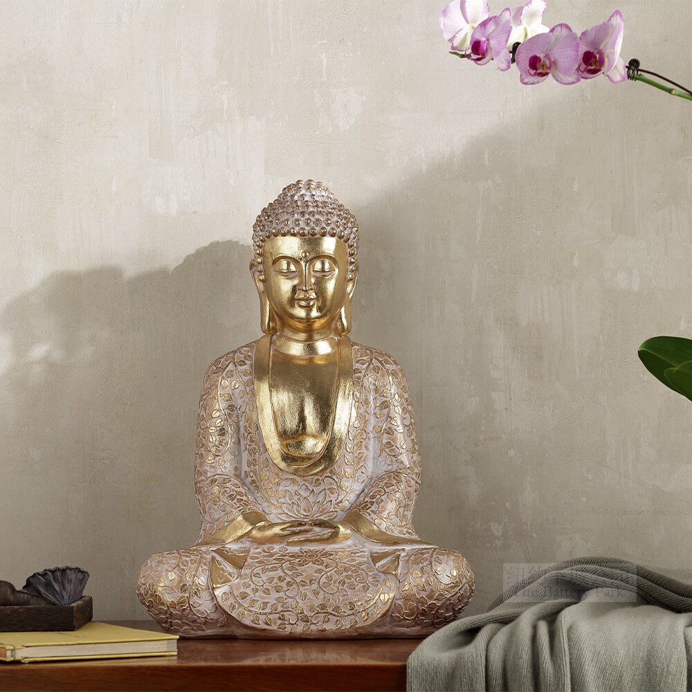 现 纽约下城公园进口身披莲花菩提叶长袍的高大金佛摆件高50cm