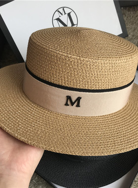 2025春夏新款M标白色平顶草帽子蓝色丝带遮阳帽街头潮搭小礼帽女
