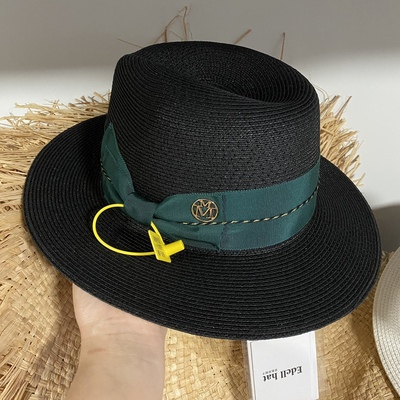 2023早春新款草帽优雅黑色礼帽个性绿色蝴蝶结爵士帽出游防晒帽女