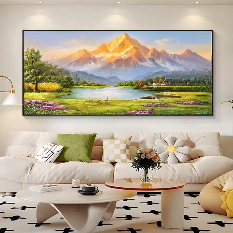 手绘油画金山客厅沙发背景风景画