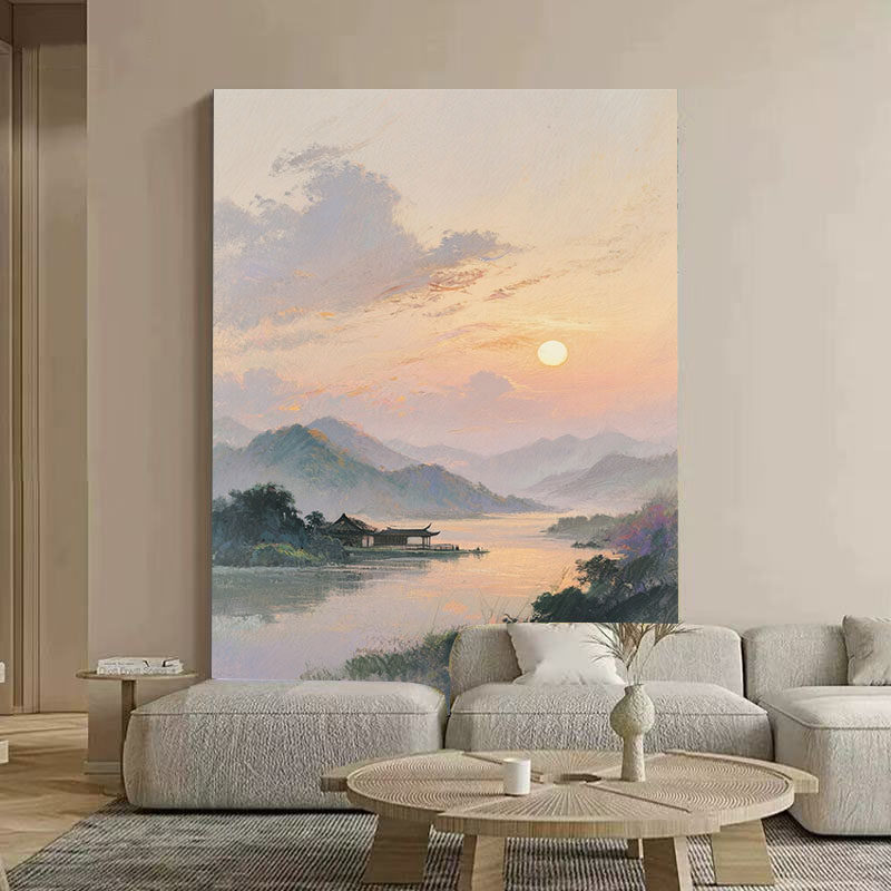 大芬村现代新中式纯手绘油画湖榭衔月客厅装饰画立体入户玄关挂画,家居饰品,油画,淘宝优惠券,粉丝福利购,淘宝优惠卷