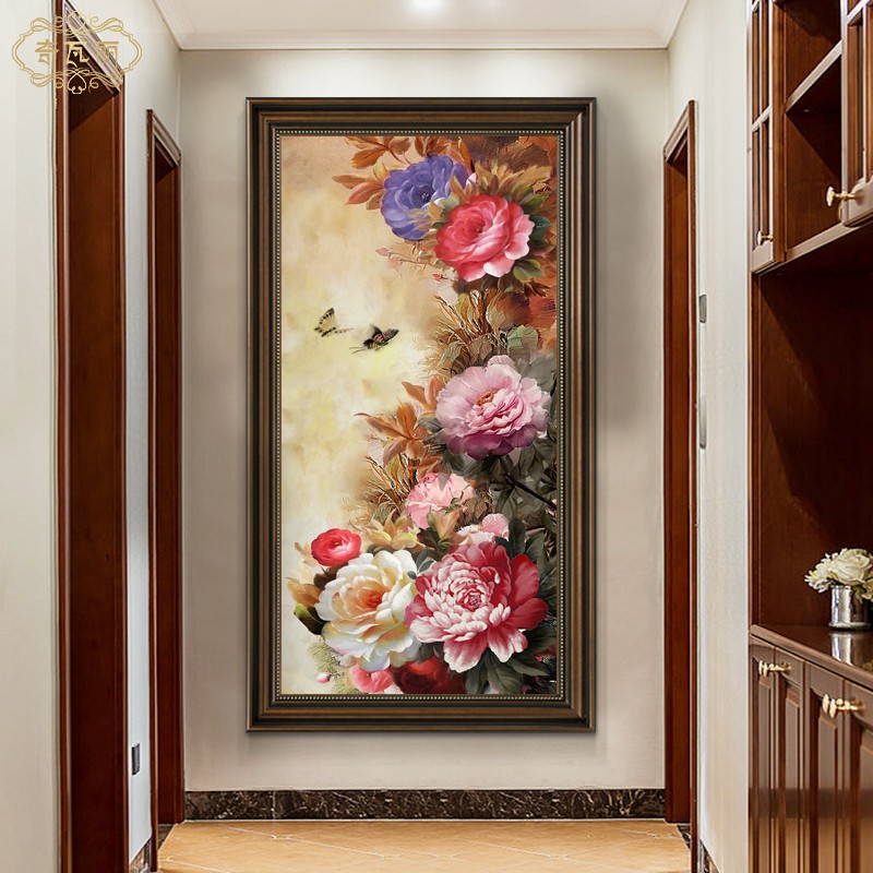 牡丹花美式玄关装饰画手绘油画花开富贵客厅挂画复古欧式走廊壁画图片